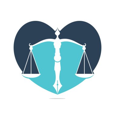 Aşk Hukuku logosu, yargı dengesini simgeleyen bir kalem ucu. Kalem ucu vektör şablonu tasarımlı kalp dengesi.