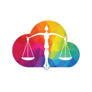 Hukuk Bulutu logo vektörü, yargı dengesini simgeleyen bir kalem ucu. Kalem ucu şablon tasarımı ile Bulut Dengesi.