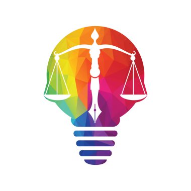 Kanun Ampulü logo vektörü. Yargı dengesini simgeleyen bir kalem ucu. Kalem ucu vektör şablonu tasarımı ile Hukuk Işığı Dengesi.