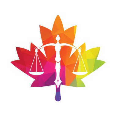 Maple Leaf Law logo vektörü ve kalem ucunda adalet terazisini sembolize ediyor. Kalem ucu vektör şablonu tasarımlı Kanada Yaprak Dengesi.