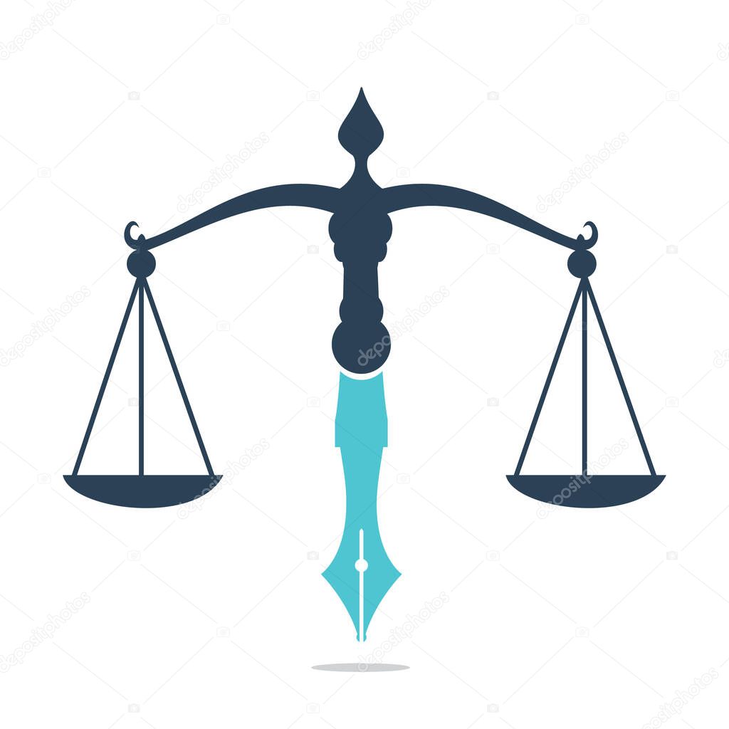 Law logo vector with judicial balance symbolic of justice scale in a pen nib. Logo vector for law, court, justice services and firms.