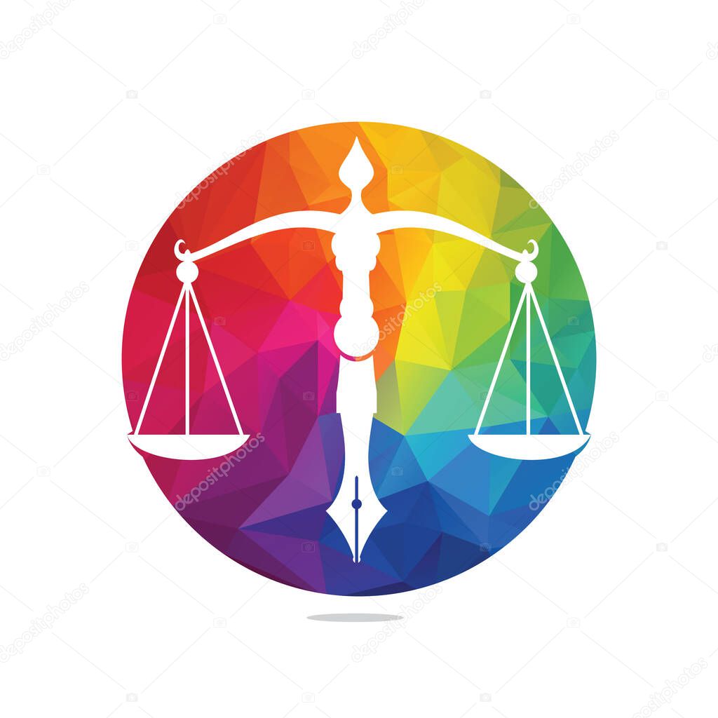 Law logo vector with judicial balance symbolic of justice scale in a pen nib. Logo vector for law, court, justice services and firms.