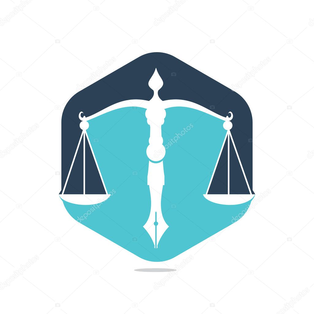 Law logo vector with judicial balance symbolic of justice scale in a pen nib. Logo vector for law, court, justice services and firms.