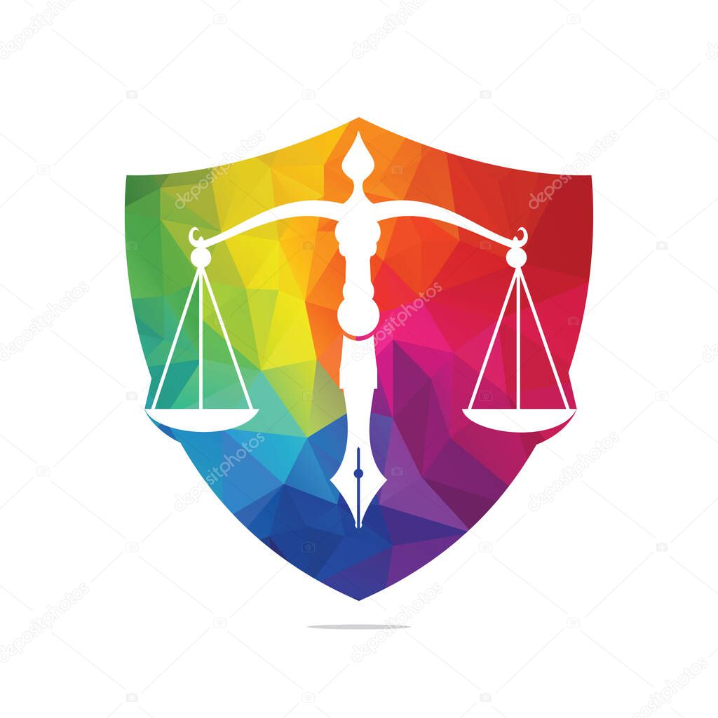 Law logo vector with judicial balance symbolic of justice scale in a pen nib. Shield Balance with Pen Nib vector template design.