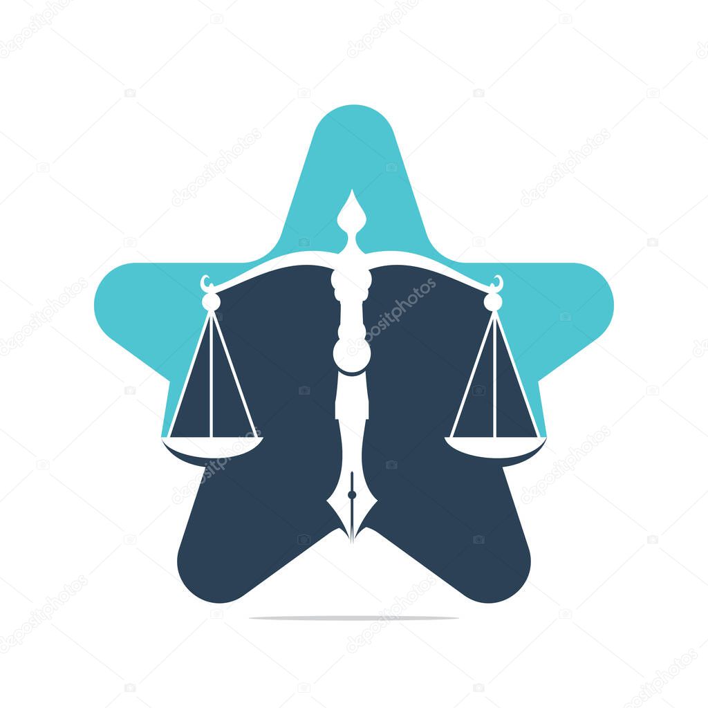 Star Law logo vector with judicial balance symbolic of justice scale in a pen nib. Star Balance with Pen Nib vector template design.