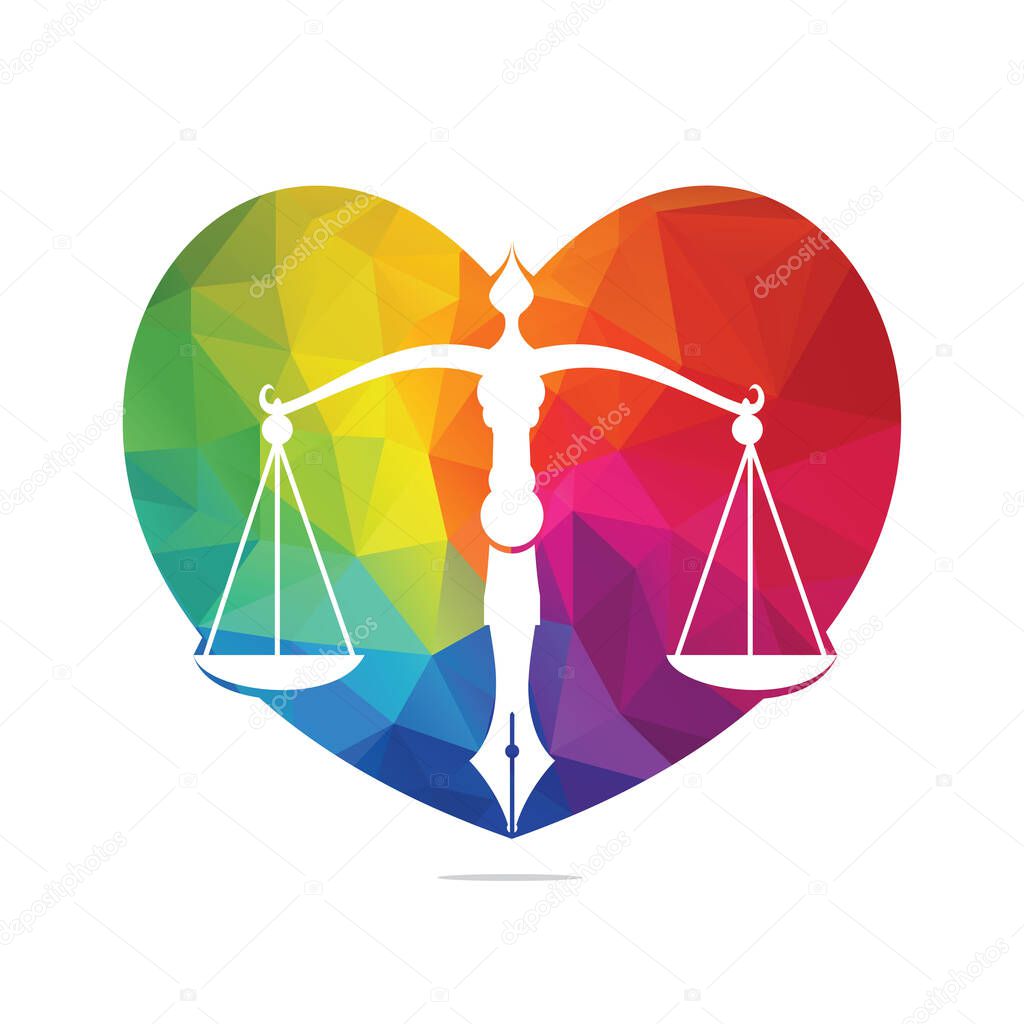 Love Law logo vector with judicial balance symbolic of justice scale in a pen nib. Heart Balance with Pen Nib vector template design.