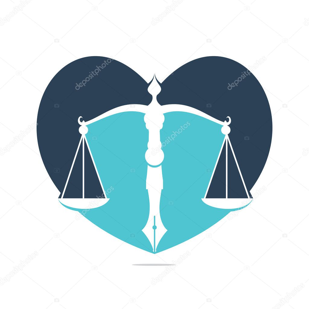 Love Law logo vector with judicial balance symbolic of justice scale in a pen nib. Heart Balance with Pen Nib vector template design.