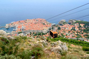 Eski Şehre Cable Car (Eski Liman) İmparatorluk Kalesi Dubrovnik 'in (Hırvatistan) Tilt Shift (Minyatür) Efektiyle Havadan (Panoramik) Görünümü