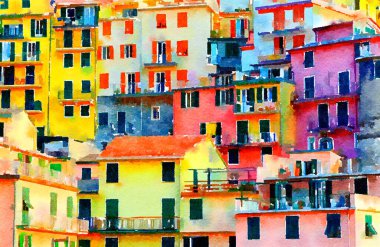 Manarola 'daki Evlerin Suluboya Boyası, Cinque Terre (İtalya)