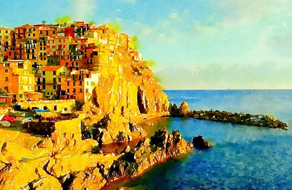 Pittura Acquerello Del Tramonto Manarola Cinque Terre Italia — Foto Stock