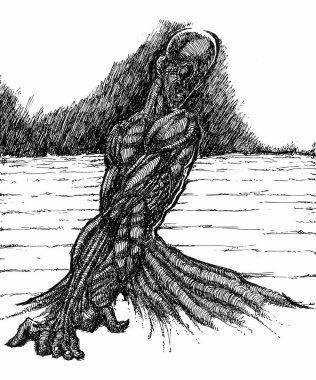 Kıvrılmış Ayrıntılı Kas Gövdesinin Dokulu Eşsiz Tarzı Mürekkep Çizimi (Hatch Work). Sanatsal Manüel İllüstrasyon Vektöre döndü. Acı, Istırap, Depresyon, Endişe, Acı, Depresyon. 