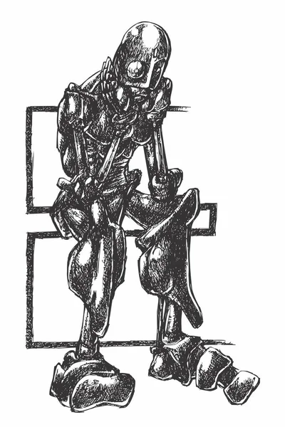 Rysunek Atramentu Hatch Work Szczegółowego Humanoidalnego Robota Seated Thinking Pose — Wektor stockowy