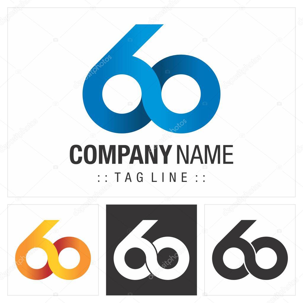Anniversary (Number 60) Vector Symbol Company Logo. Infinite Symbol (Unlimited) Style Logotype. Number logo icon illustration. Elegant Identity Concept Design Idea Template (Branding). 