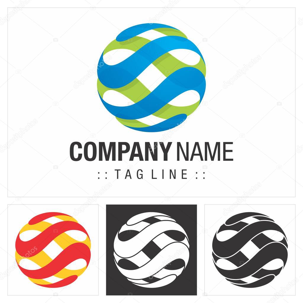 Circle (Sphere, Waves, Stripes) Vector Symbol Company Logo (Logotype). Globe Earth World Technology 3d Layers Style Icon Illustration. Elegant Modern Identity Concept Design Idea Brand Template.