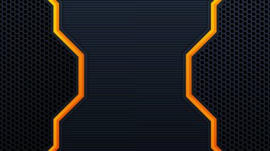 Soyut 3D siyah teknoloji arka plan örtüşüyor. Karanlık uzayda turuncu ışık efektli katmanlar. Poster, el ilanı, broşür veya afiş için modern grafik tasarım şablonu ögeleri