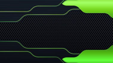 Yeşil ışık desenli siyah daire örgüsü üzerine soyut koyu gri pankart modern fütüristik teknoloji arka plan çizimi.