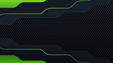 Modern geometri, koyu arkaplanda yeşil sınırları olan siyah çizgileri şekillendirir. Metalik efektli parlak yeşil çizgiler. Vektör İllüstrasyonu