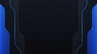 Modern geometri koyu arkaplanda mavi kenarlı siyah çizgileri şekillendirir. Parlak parlak mavi çizgiler metalik çerçeve düzeni. Vektör İllüstrasyonu