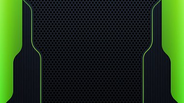 Modern geometri, koyu arkaplanda yeşil sınırları olan siyah çizgileri şekillendirir. Metalik efektli parlak yeşil çizgiler. Vektör İllüstrasyonu