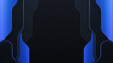 Modern geometri koyu arkaplanda mavi kenarlı siyah çizgileri şekillendirir. Parlak parlak mavi çizgiler metalik çerçeve düzeni. Vektör İllüstrasyonu