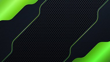 Yeşil ışık desenli siyah daire örgüsü üzerine soyut koyu gri pankart modern fütüristik teknoloji arka plan çizimi.