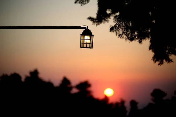 Starobylá Pouliční Lampa Ulici Při Západu Slunce Řecko Ostrov Kos — Stock fotografie