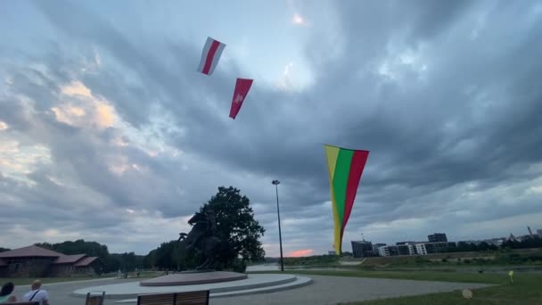 为了声援白俄罗斯人民 在风筝的帮助下 在考纳斯城堡和维提斯纪念碑旁边升起了白俄罗斯的国旗 历史旗帜以及立陶宛的历史国旗和国旗 — 图库视频影像