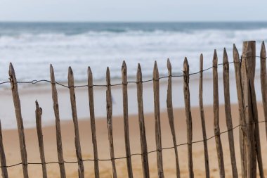 Fransa, Lacanau 'daki sahil boyunca kum tepelerini erozyondan koruyan ahşap bir çit. Arka plandaki okyanus dalgaları doğal dokuları olan sakin bir kıyı manzarası yaratır.