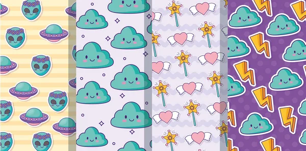 Kawaii nuages et baguettes magiques motifs — Image vectorielle