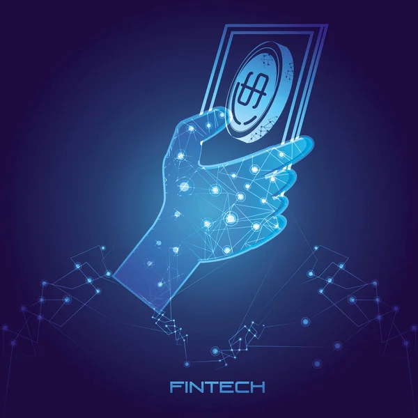 Mano usando smartphone con concepto de dinero fintech — Vector de stock