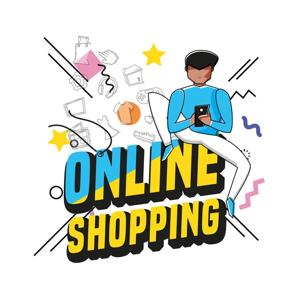 Personnage homme avec des icônes shopping en ligne — Image vectorielle