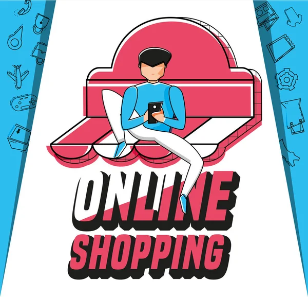 Simgeleri çevrimiçi alışveriş ile karakter adam — Stok Vektör