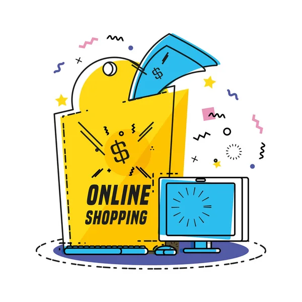 Monitorar computador com compras conceito on-line — Vetor de Stock