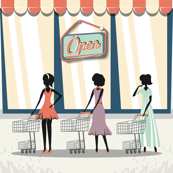 Grupp kvinnor i shopping dag stil retro — Stock vektor