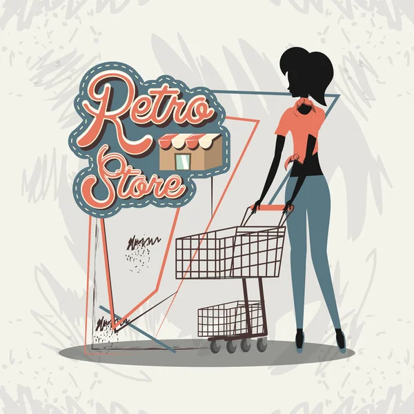 Silueta Mujer Día Compras Estilo Retro — Vector de stock