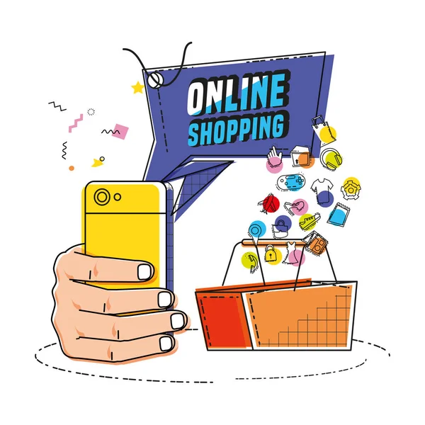 Smartphone mit Online-Shopping-Ikonen Pop-Art-Stil — Stockvektor