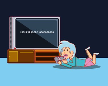 çizgi film kız video siyah arka plan üzerinde renkli tasarım yerde yatarken oyunları oynamak. vektör çizim