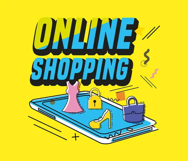 Compras on-line com estilo de arte pop smartphone — Vetor de Stock