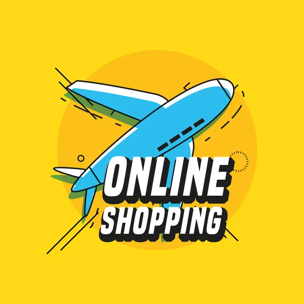 Compras on-line com avião voando — Vetor de Stock