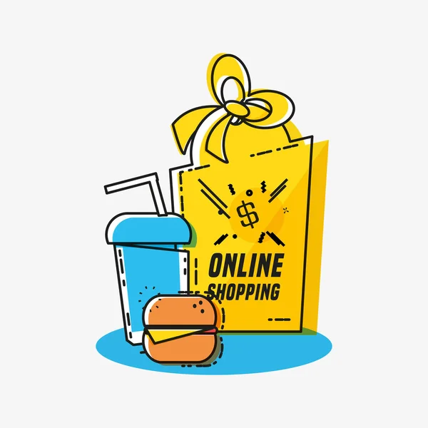 Compras on-line com refrigerante e fast food estilo pop art — Vetor de Stock