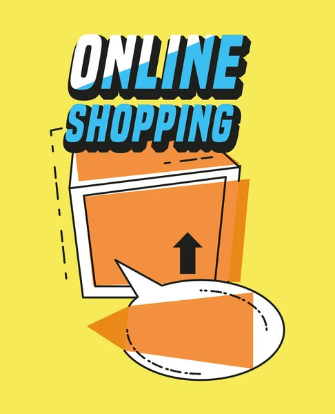 Online shopping with carton box pop art style — Stock Vector