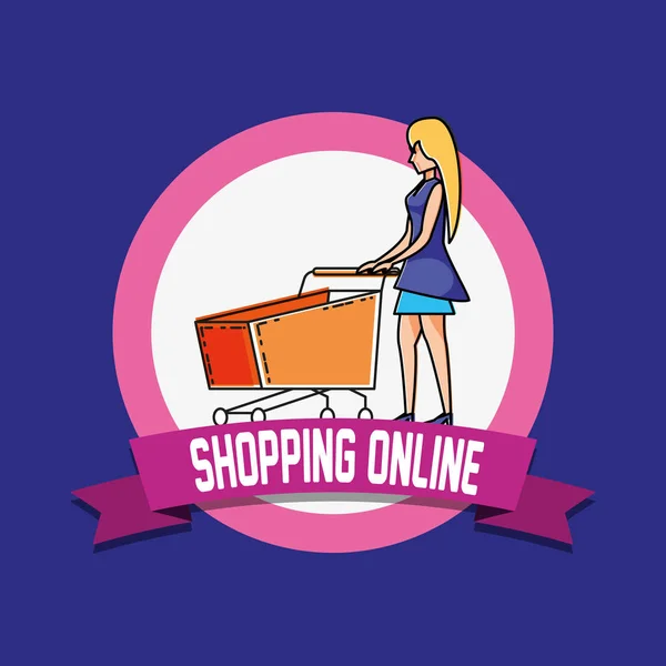 Vrouw avatar met online winkelen pictogramstijl popart — Stockvector