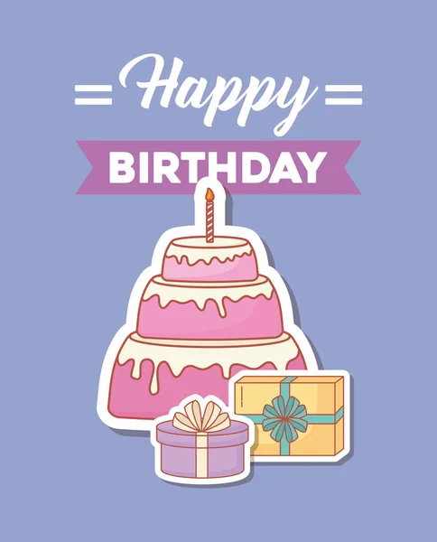 Happy birthday postcard with cake and gifts — Stock Vector