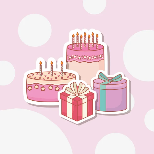 Glückwunschpostkarte zum Geburtstag mit Kuchen und Geschenken — Stockvektor
