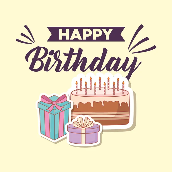 Feliz cumpleaños postal con pastel y regalos — Vector de stock