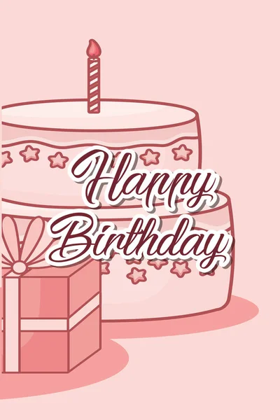 Cartão postal feliz aniversário com bolo e presente — Vetor de Stock