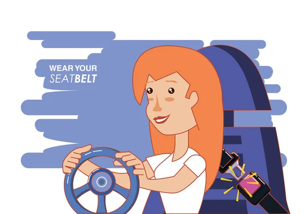 Persona que conduce con usar la etiqueta del cinturón de seguridad — Vector de stock