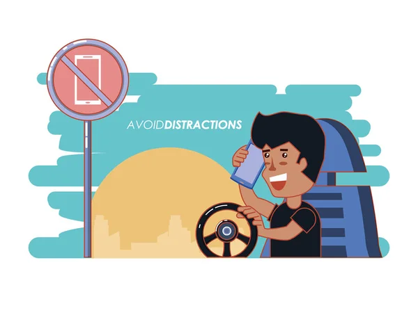 Personne conduisant avec une étiquette de distraction nulle — Image vectorielle