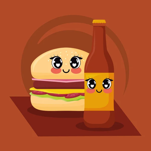 Hambúrguer kawaii e cerveja — Vetor de Stock