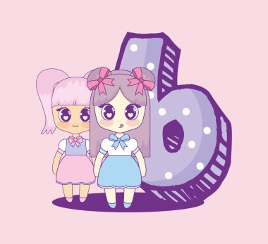 numara Doğum günü kartı kızlarla Kawaii